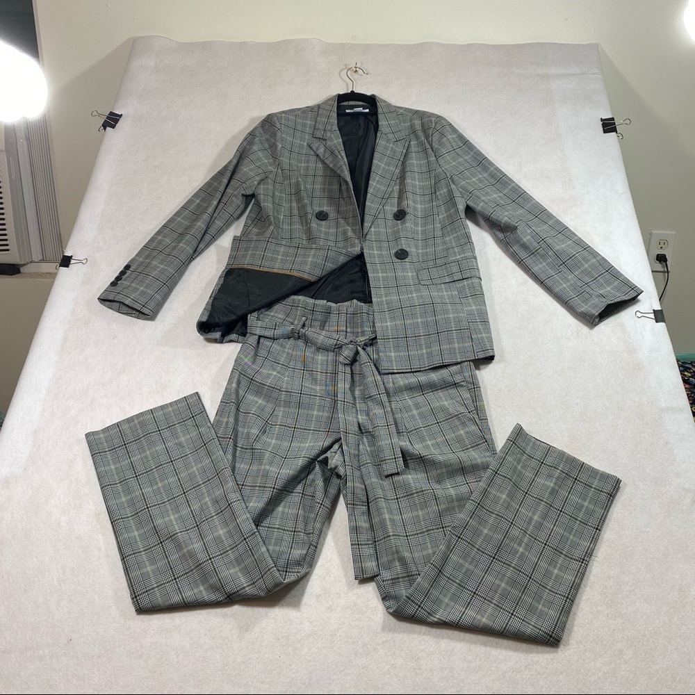 Glen Check Plaid Pant Suit Blazer Paper Bag Waist Pant Liz Claiborne Gray Black - Picture 16 of 16